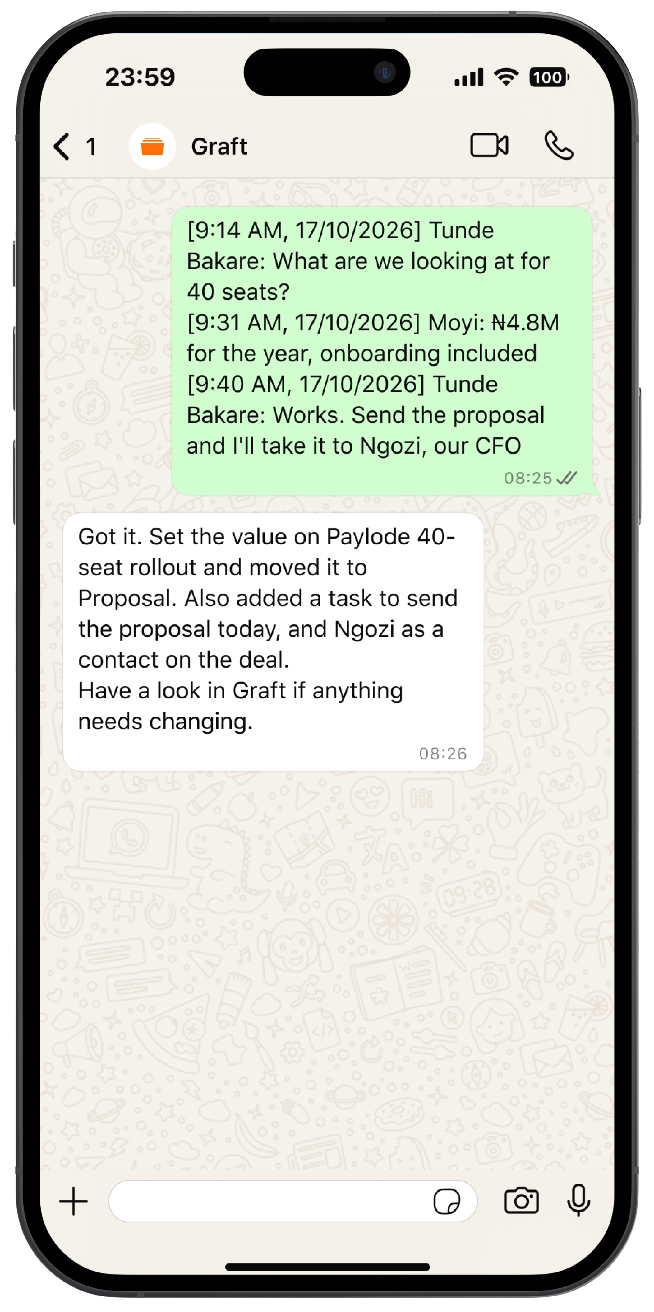 WhatsApp chat with Graft turning a pricing thread into a proposal on the deal